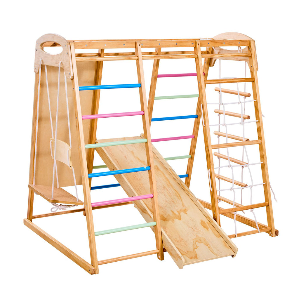 Indoor Playground Jungle Gym, 7-in-1 Wooden Indoor Playground for Kids, 250LBS Montessori Climbing Toys Playset with Swing, Monkey Bar, Slide, Wooden Ladder, Rope Ladder, Climbing Net & Rock