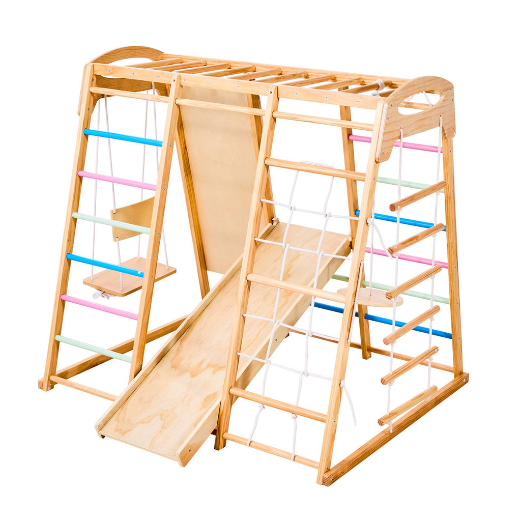 Indoor Playground Jungle Gym, 9-in-1 Montessori Climbing Toys for Toddlers, 250LBS Wooden Indoor Playground Playset with Monkey Bar, Swings, Slide, Rope / Wooden Ladder, Climbing Net, Bar & Rock