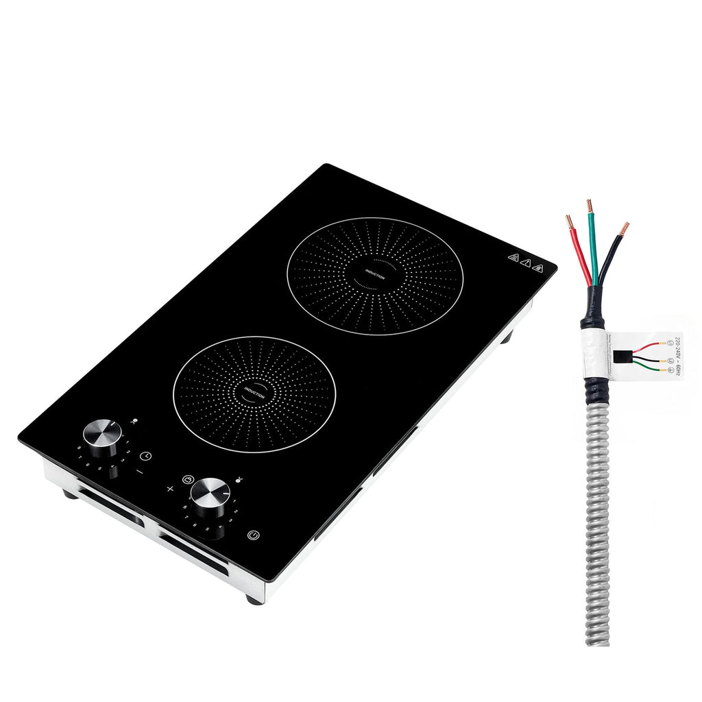 Induction Cooktop 12inch 2 Burners Built-in Electric Stove 220V 3500W, Induction Burner for Kitchen, with 11 Power Levels, Knob Control, Ceramic Glass Surface, Child Lock
