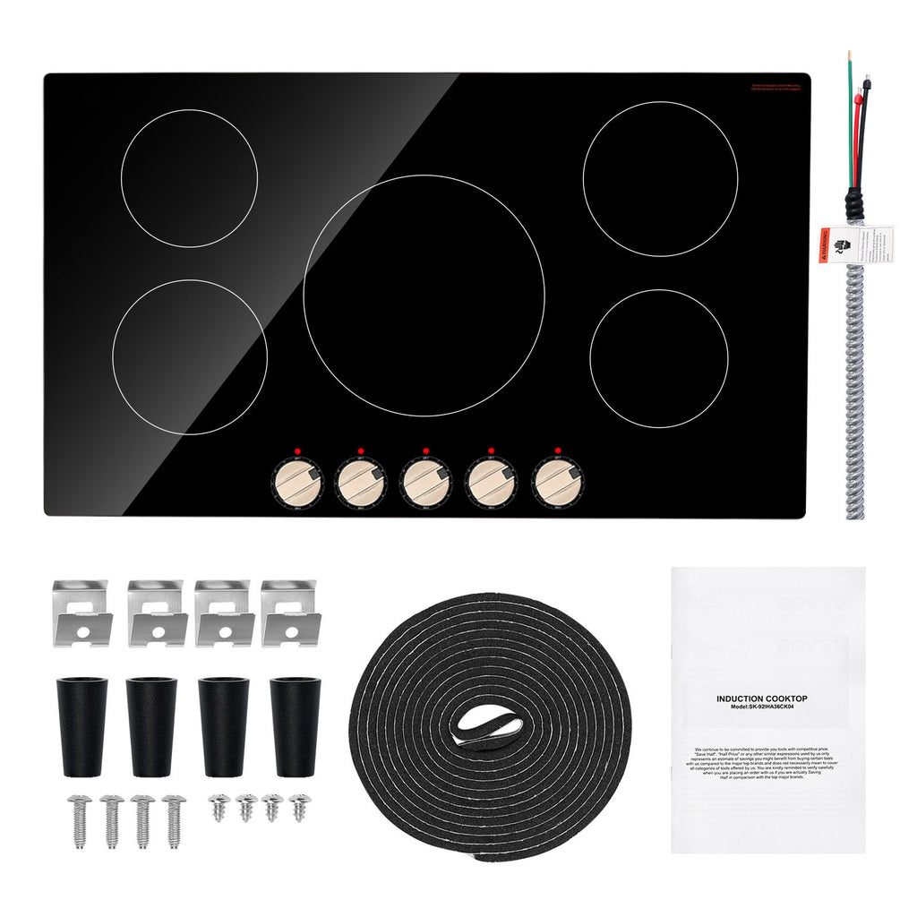 Induction Cooktop, 9200W Electric Countertop Burner, 5 Burner Knob Control Stove, Built-in Induction Cooktop with 12 Temperature Settings, Glass Surface, Auto Shut-Off