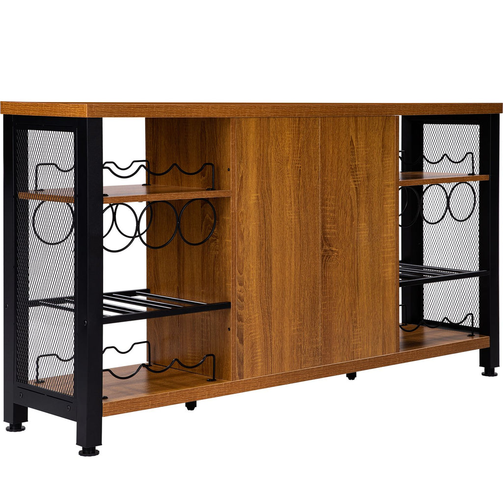Industrial Bar Cabinet, 55 Inch Rustic Oak, 330 LBS Wine Table for Liquor with Wine Racks (24 Bottles), Glass Holders and Metal Sideboard, Farmhouse Wood Coffee Bar for Living Room, Dining Room