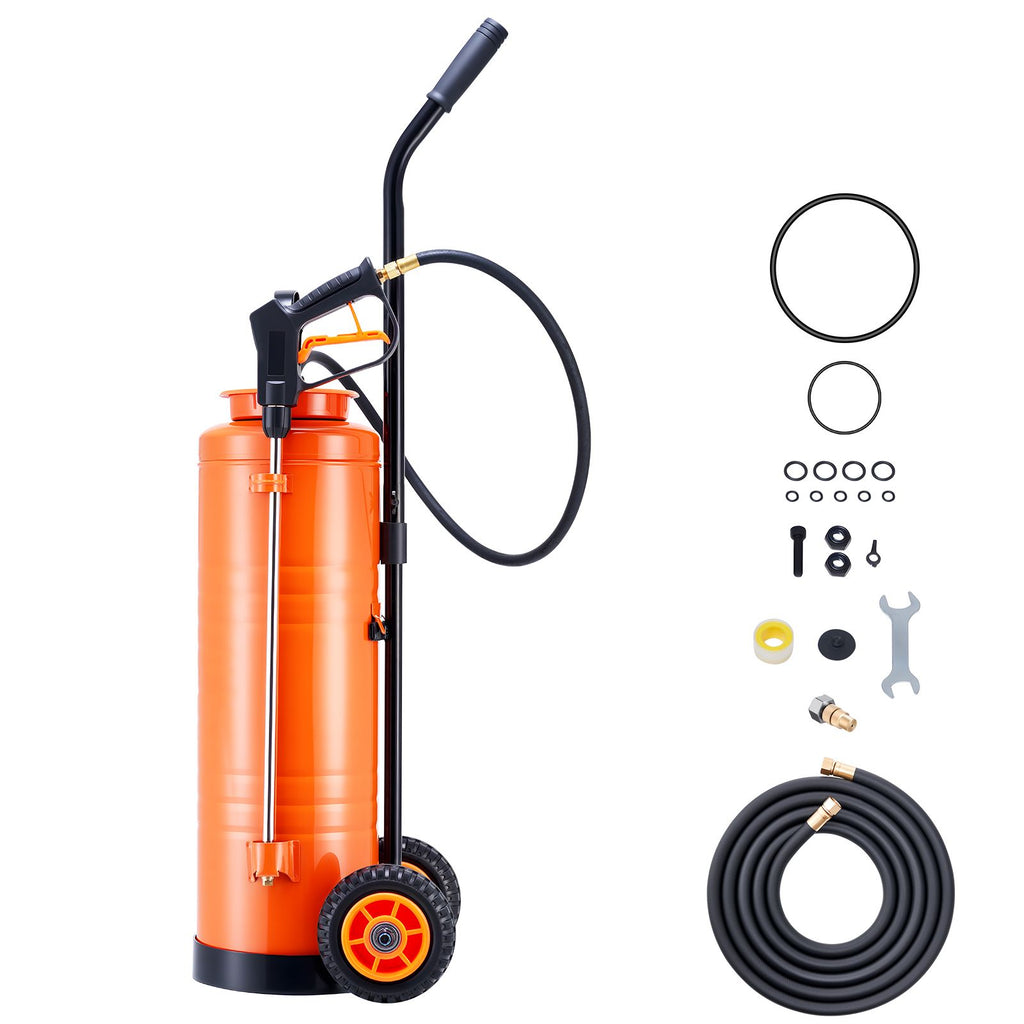 Industrial Concrete Sprayer with Wheeled Cart, 5 Gallon Stainless Steel Sprayer, Heavy Duty Tri-Poxy Pump Sprayers, 20.5''Wand, 48" & 120" Hoses, 2 Brass Nozzles for Construction, Lawn & Garden