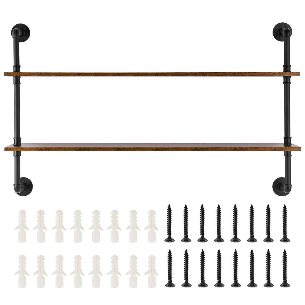 Industrial Pipe Shelf, 2 Tier 48x 9.84in, Wall-Mount Floating Rustic Wood Shelves Bracket Display Bookshelf, Storage Rack Sundries Holder for Kitchen Bedroom Bathroom Living Room, Black