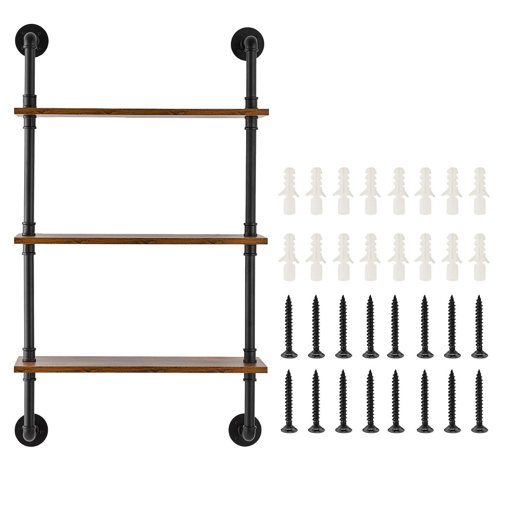 Industrial Pipe Shelf, 3 Tier 24x7.87in, Wall-Mount Floating Rustic Wood Shelves Bracket Display Bookshelf, Storage Rack Sundries Holder for Kitchen Bedroom Bathroom Living Room, Black