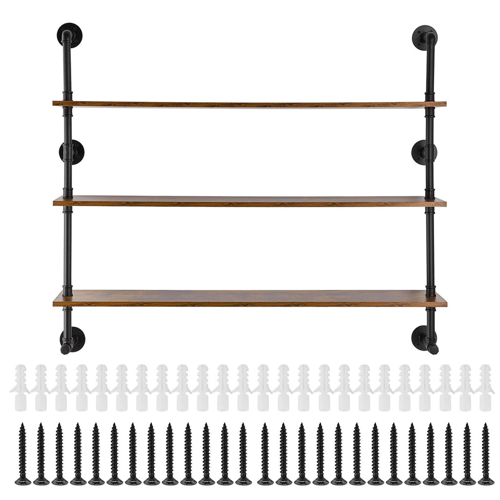 Industrial Pipe Shelf, 3 Tier 48x9.84in, Wall-Mount Floating Rustic Wood Shelves Bracket Display Bookshelf, Storage Rack Sundries Holder for Kitchen Bedroom Bathroom Living Room, Black