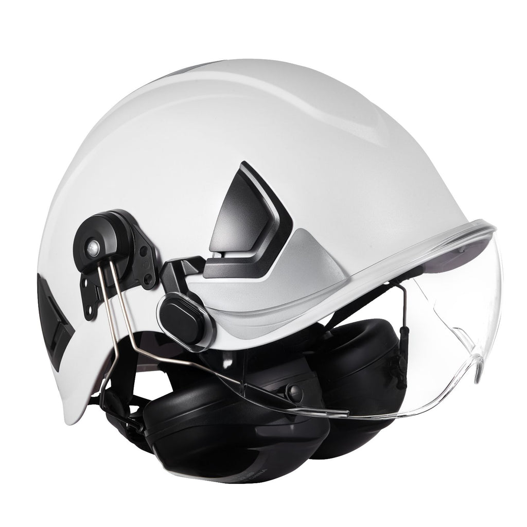 Industrial Safety Helmet, ANSI/ISEA Z89.1 Approved ABS Hard Hat with Visor & Earmuffs, 6-Point Ratchet Suspension, Adjustable Vented Hardhat for Men & Women, for Outdoor Construction Workwear