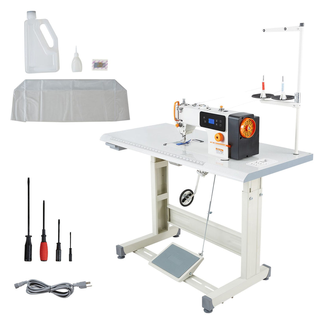 Industrial Sewing Machine, 550W Lockstitch Sewing Machine Set with Servo Motor and Table Stand, 5000 SPM High Speed, Metal Frame, LCD Panel, LED Light, for Cotton, Wool, Denim, Leather, Canvas
