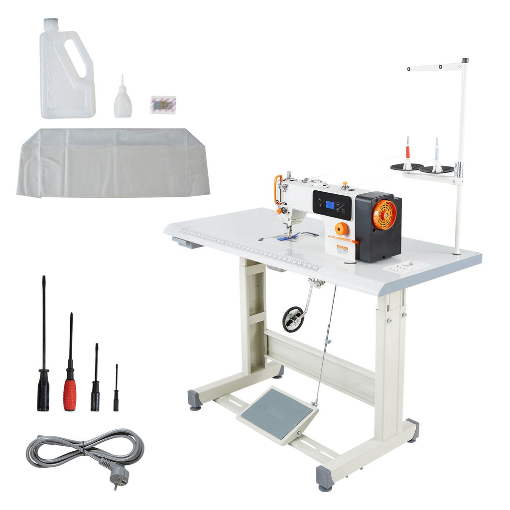 Industrial Sewing Machine, 550W Lockstitch Sewing Machine Set with Servo Motor and Table Stand, Auto Thread Trimmer, 5000 SPM High Speed, Metal Frame, LCD Panel, LED Light, for Cotton, Denim