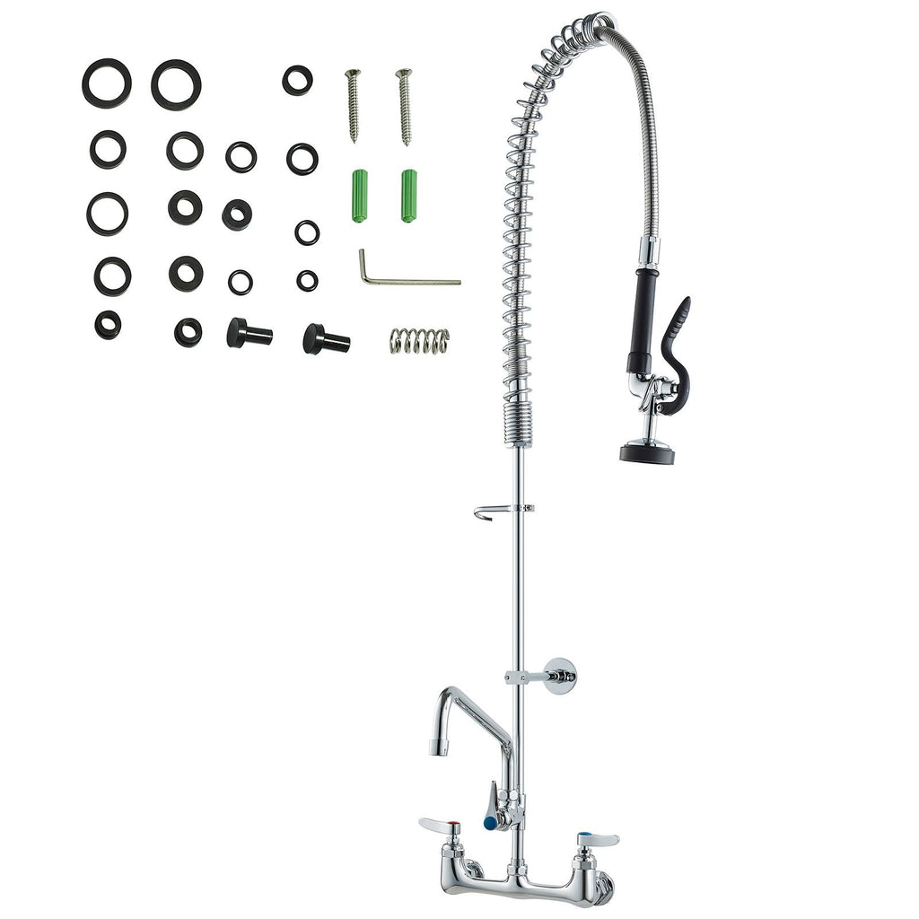Industrial Sink Faucet, 44" Tall, 8" Apart, 12" Rotating Spout, Wall Mounted, Brass Made with Extendable Sprayer, Fits Single/Triple Sinks