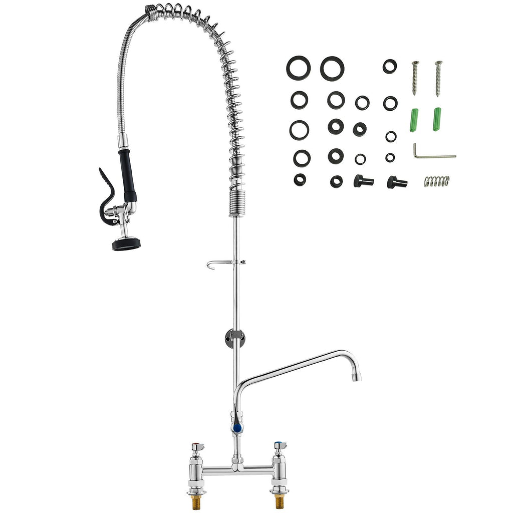 Industrial Sink Faucet, 44" Tall, 8" Install Space, 12" Rotating Spout, Surface Mount, Brass-Made with Extendable Sprayer, Suitable for Single/Triple Basin