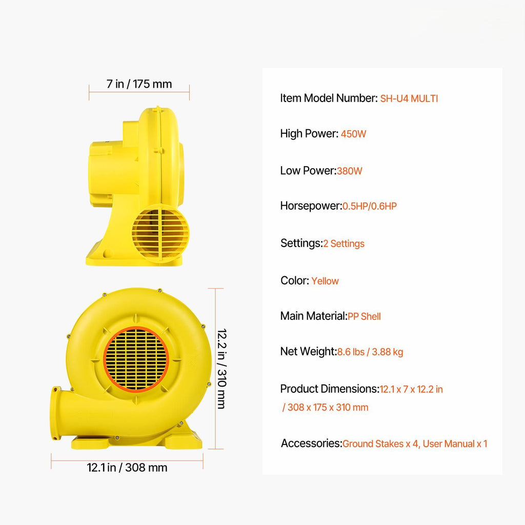 Inflatable Blower, 380W&450W, 0.5 & 0.6 HP Bounce House Blower, Pump Commercial Air Blower for Inflatables, Bouncy Castle Electric Air Blower Fan Perfect for Bounce House, Waterslides, Yellow