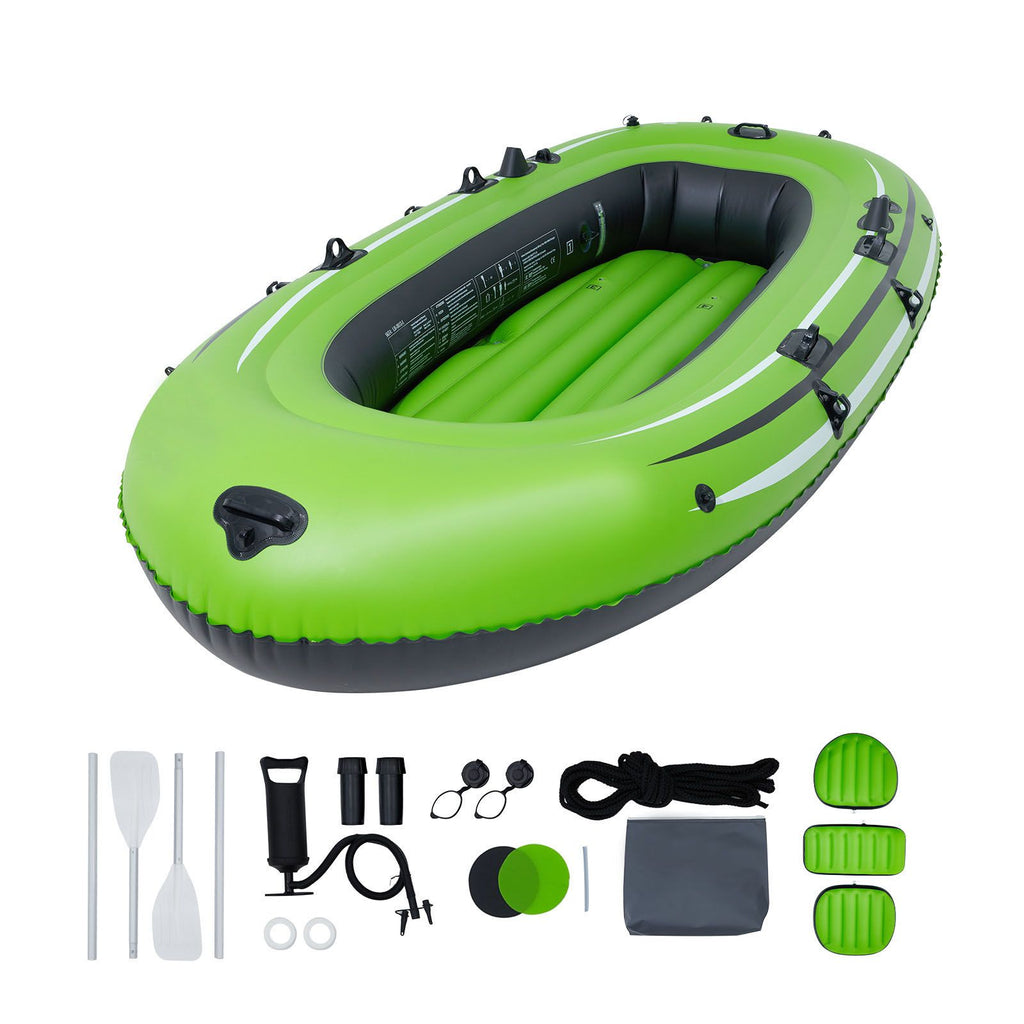 Inflatable Boat, 3-Person Inflatable Fishing Boat, Strong PVC Portable Boat Raft Kayak, 45.6" Aluminum Oars, High-Output Pump, Fishing Rod Holders, and 2 Seats, 1100 lb Capacity for Adults, Kids