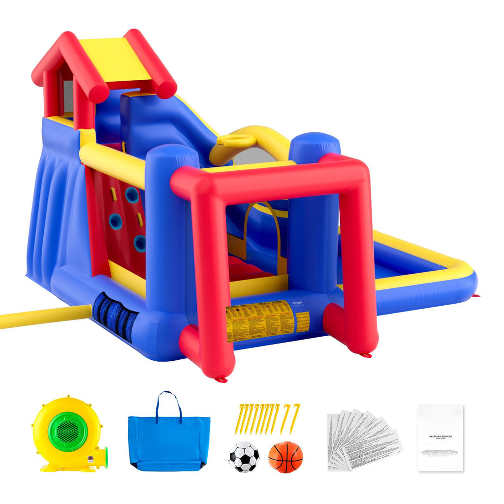 Inflatable Bounce House, Outdoor High Quality Playhouse Trampoline, Jumping Bouncer with Blower, Slide, and Storage Bag, Family Backyard Bouncy Castle, for Kid Ages 3–8 Years, 131x133x91 inch