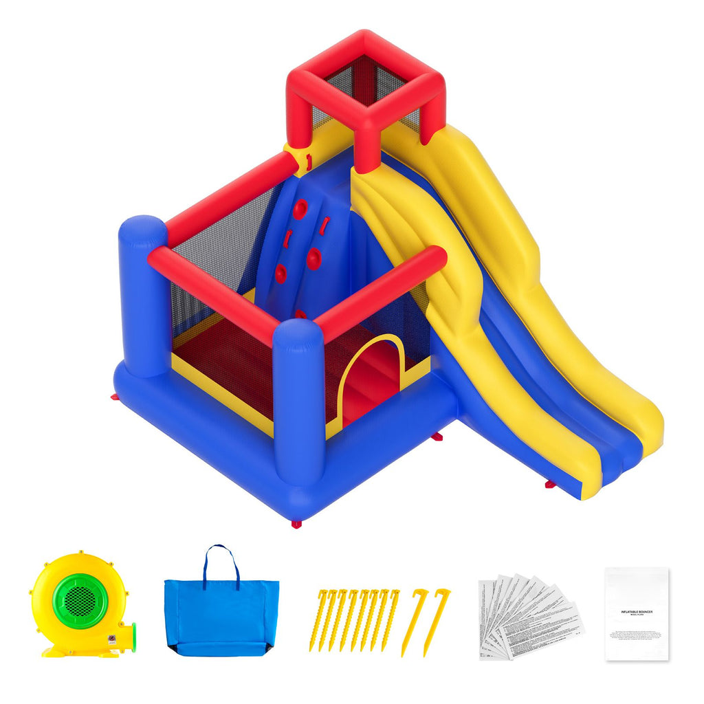 Inflatable Bounce House, Outdoor High Quality Playhouse Trampoline, Jumping Bouncer with Blower, Slide, and Storage Bag, Family Backyard Bouncy Castle, for Kid Ages 3–8 Years, 134x102x91 inch