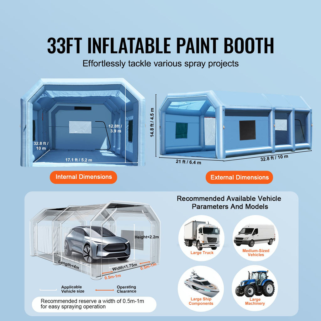 Inflatable Paint Booth, 29.5 x 15.7 x 11.8 ft Inflatable Spray Booth, with 950W+750W Powerful Blowers and Air Filter System, Portable Car Paint Booth for Large Truck, Large Van, Large Machinery