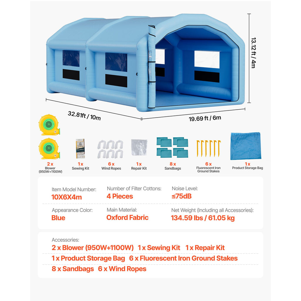 Inflatable Paint Booth, 32.81 x 19.69 x 13.12 ft, Inflatable Spray Booth with 950W and 1100W Blowers and Air Filter System, Round Roof, for Painting Car, Truck, Furniture, Automotive Sheet Metal