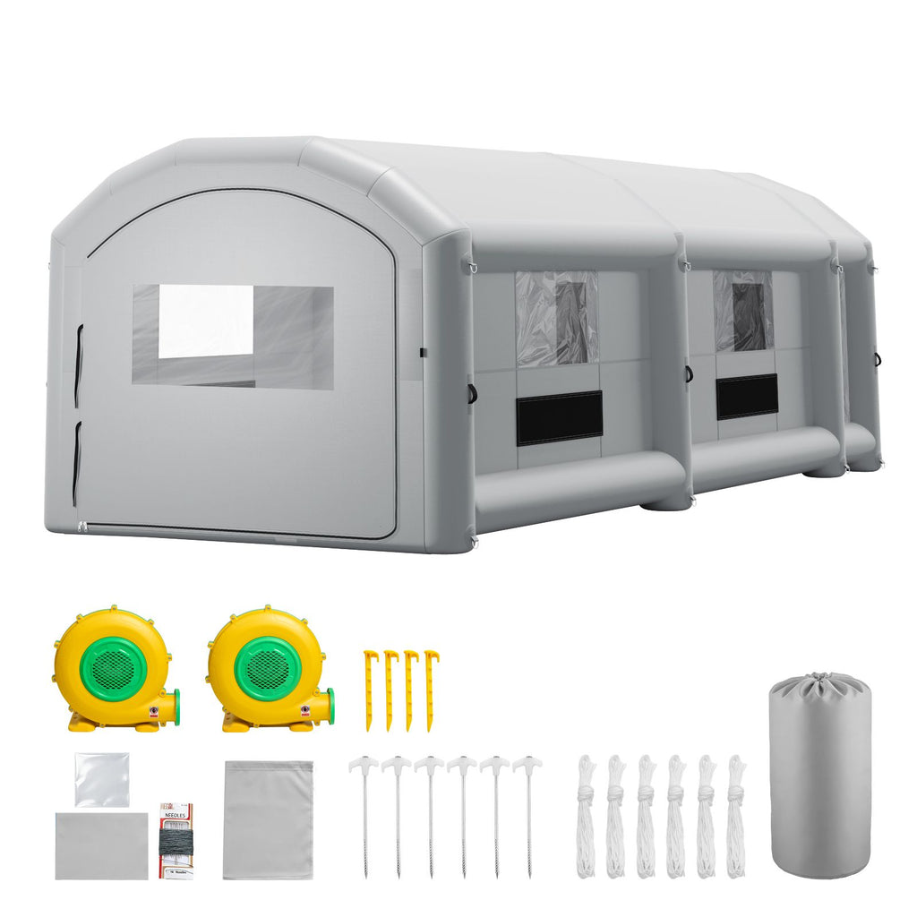 Inflatable Paint Booth, 39 x 16 x 13 ft, Portable Spray Booth with 950W+1100W Blowers, Large Filter Cotton, Changing Area, Arched Roof Painting Tent for Heavy-Duty Pickup Truck and Van, Gray