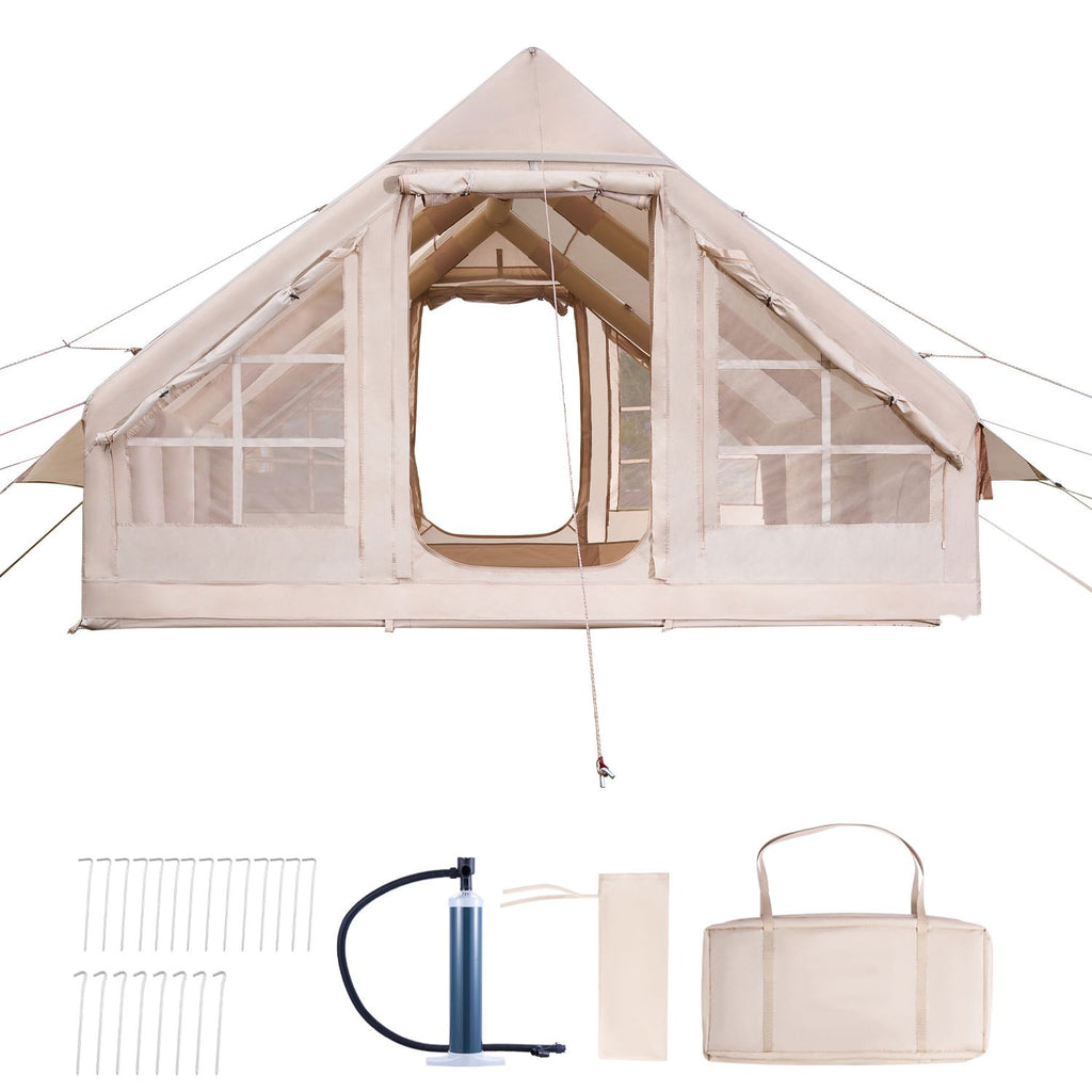 Inflatable Tents for Camping, 5-8 Person Easy Setup Blow up Tent with Hand Pump, 300D Oxford Glamping Tent with Stove Jack 2 Doors & 4 Mesh Windows, Storage Bag Included for Easy Taking