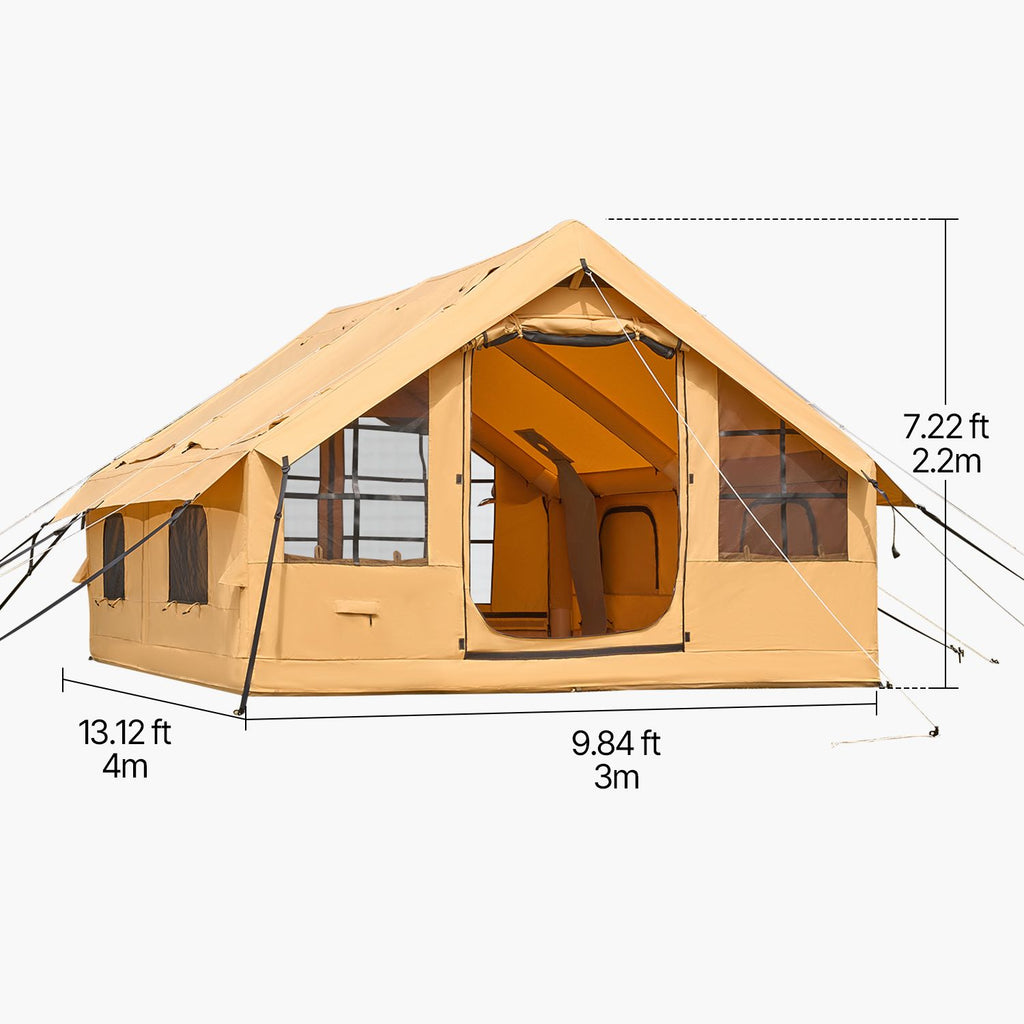 Inflatable Tents for Camping, 5-8 Person Easy Setup Blow up Tent with Hand Pump, Luxury Glamping Tent with 2 Skylights, Canopy, Stove Jack 2 Doors & Mesh Windows (Storage Bag Included)