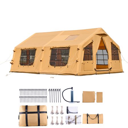 Inflatable Tents for Camping, 8-12 Person Easy Setup Blow up Tent with Hand Pump, 4 Season Luxury Glamping Tent with 2 Skylights, Canopy, Stove Jack, 2 Doors & Mesh Windows (Include Storage Bag)