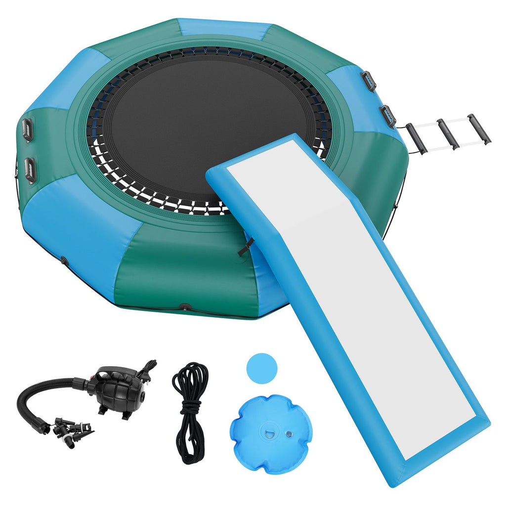 Inflatable Water Bouncer, 10ft Recreational Water Trampoline, Portable Bounce Swim Platform with Slide, 3-Step Ladder & Electric Air Pump, Kid Adult Floating Rebounder for Pool Lake Water Sports