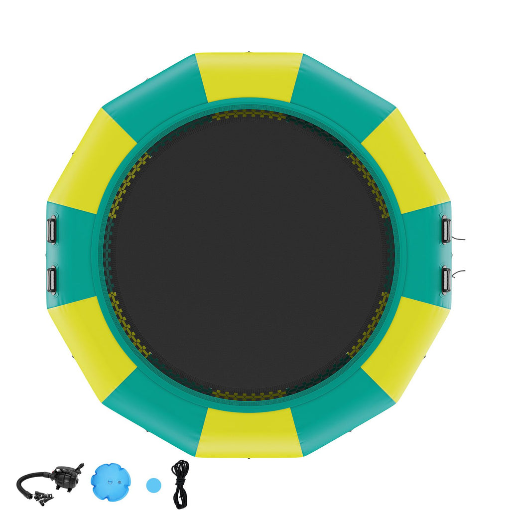 Inflatable Water Bouncer, 12ft Recreational Water Trampoline, Portable Bounce Swim Platform with 3-Step Ladder & Electric Air Pump, Kids Adults Floating Rebounder for Pool, Lake, Water Sports