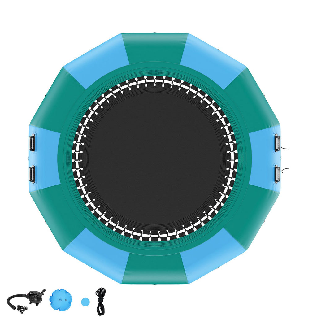 Inflatable Water Bouncer, 12ft Recreational Water Trampoline, Portable Bounce Swim Platform with 3-Step Ladder & Electric Air Pump, Kids Adults Floating Rebounder for Pool, Lake, Water Sports