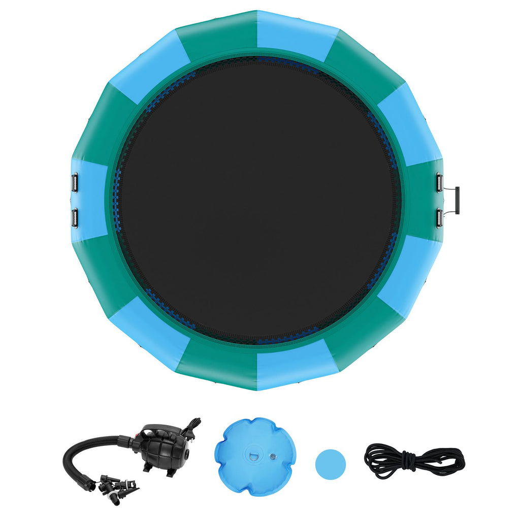 Inflatable Water Bouncer, 15ft Recreational Water Trampoline, Portable Bounce Swim Platform with 3-Step Ladder & Electric Air Pump, Kids Adults Floating Rebounder for Pool, Lake, Water Sports