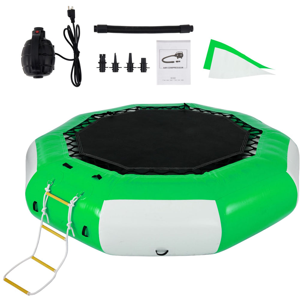 Inflatable Water Trampoline, 13ft Recreational Water Bouncer with Escalator, Round Inflatable Water Trampoline in Green and White, Floating Trampoline for Lakes, Pools, Calm Sea