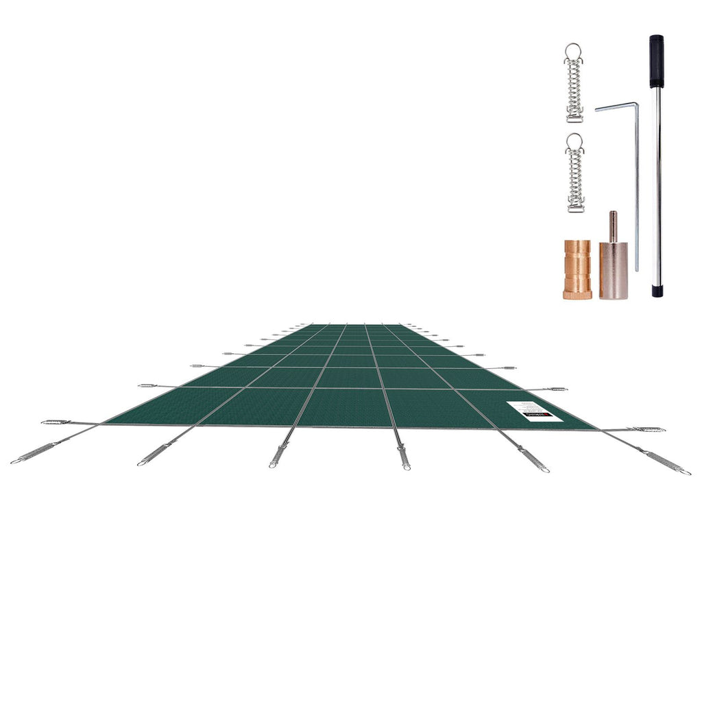 Inground Pool Safety Cover, 14 ft x 26 ft Rectangular Winter Pool Cover, Triple Stitched, High Strength Mesh PP Material with Good Rain Permeability, Installation Hardware Included, Green