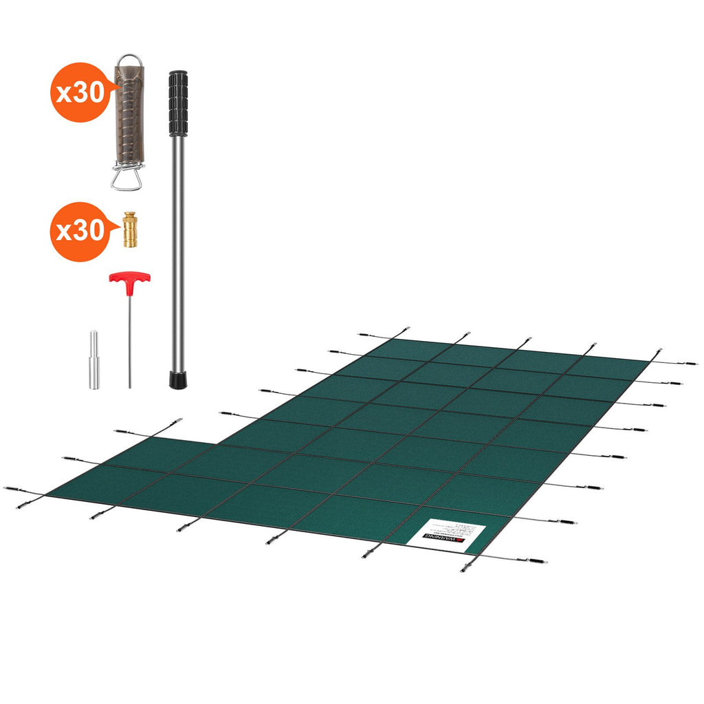 Inground Pool Safety Cover, 20 ft x 38 ft Rectangular Winter Pool Cover with Right Step, Triple Stitched, High Strength Mesh PP Material, Good Rain Permeability, Installation Hardware Included