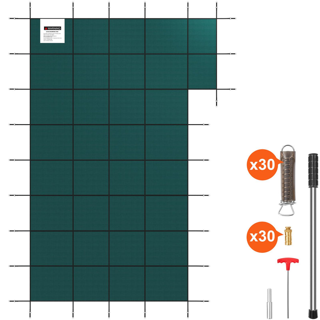 Inground Pool Safety Cover, Fits 20 ft x 40 ft Rectangular Winter Pool Cover with Right Step, Triple Stitched, High Strength Mesh PP, Good Rain Permeability, Installation Hardware Included