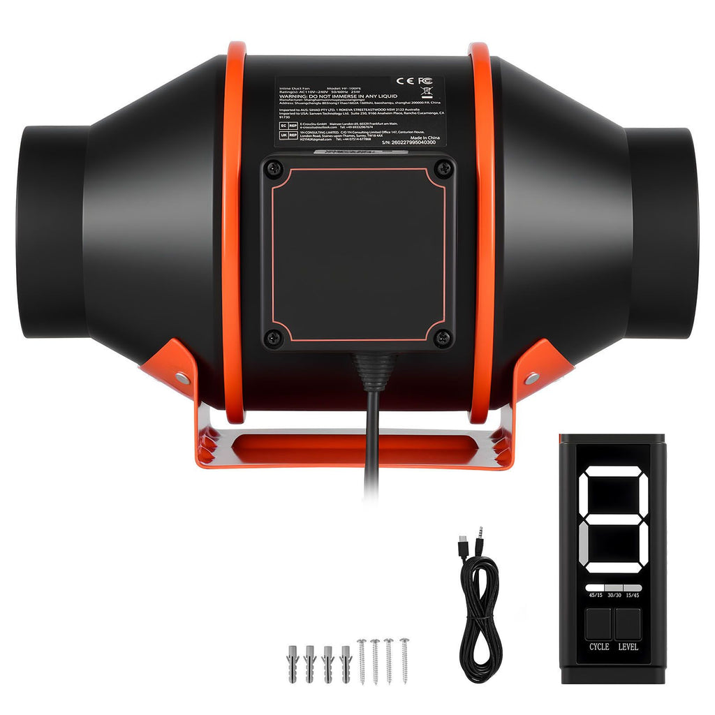 Inline Duct Fan, 205 CFM 4 inch EC Motor Ventilation Fan with 3-Speed Circulation, 10-Speed PWM Controller, Timer-Controlled Operation, Cooling for Grow Tents, Indoor Gardening, Hydroponics