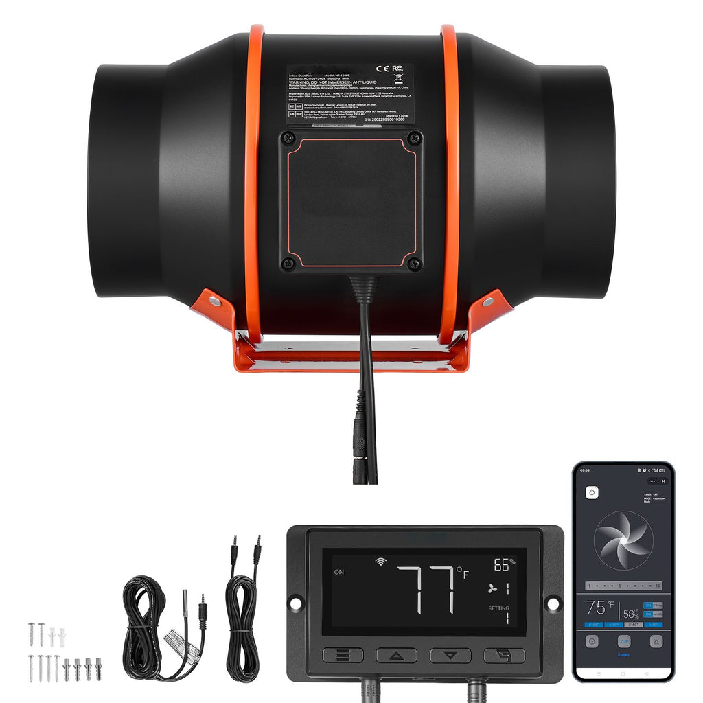 Inline Duct Fan, 402 CFM 6 inch EC Motor Exhaust Ventilation Fan with 10-Speed, PWM Controller, App Control, Temperature Humidity Sensor, Cooling for Grow Tent, Indoor Gardening, Hydroponics