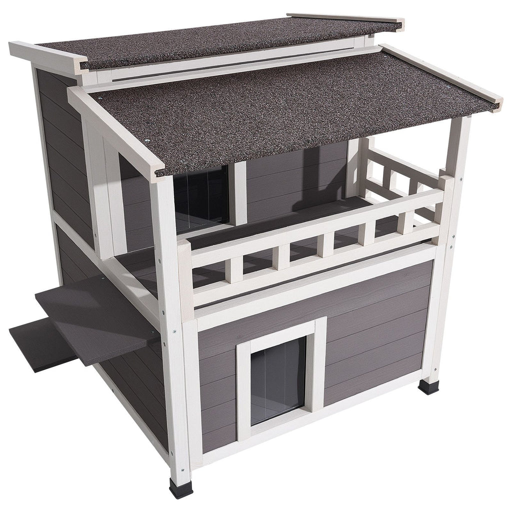 Insulated Cat House, 2-Story Wooden Cat Shelter, Foam Insulation, Feral Kitty Shelter with Balcony, Waterproof Cats Condos for Indoor & Outdoor 1-3 Cats in Winter 33 x 29.5 x 32 in