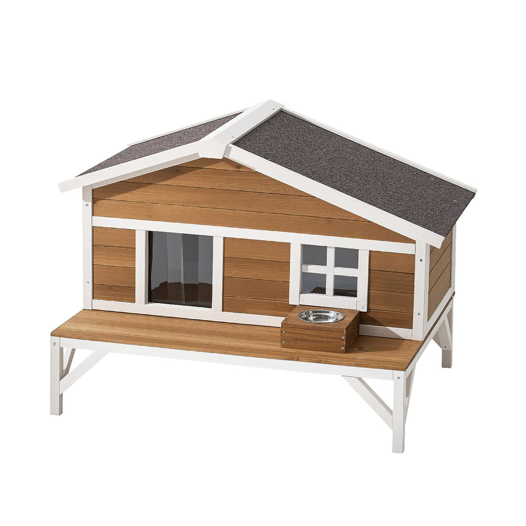 Insulated Cat House, All-Around Foam Insulation Elevated Cat Shelter, Wooden Feral Kitty Shelter with Large Platform, Waterproof Cats Condos for Indoor & Outdoor Cats in Winter 43.5x33.5x31 in