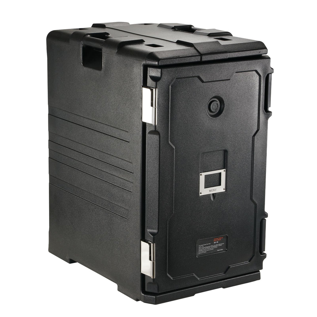 Insulated Food Pan Carrier, 109 Qt Hot Box for Catering, LLDPE Food Box Carrier w/Double Buckles, Front Loading Food Warmer w/Handles, End Loader w/Wheels for Restaurant, Canteen, etc. Black