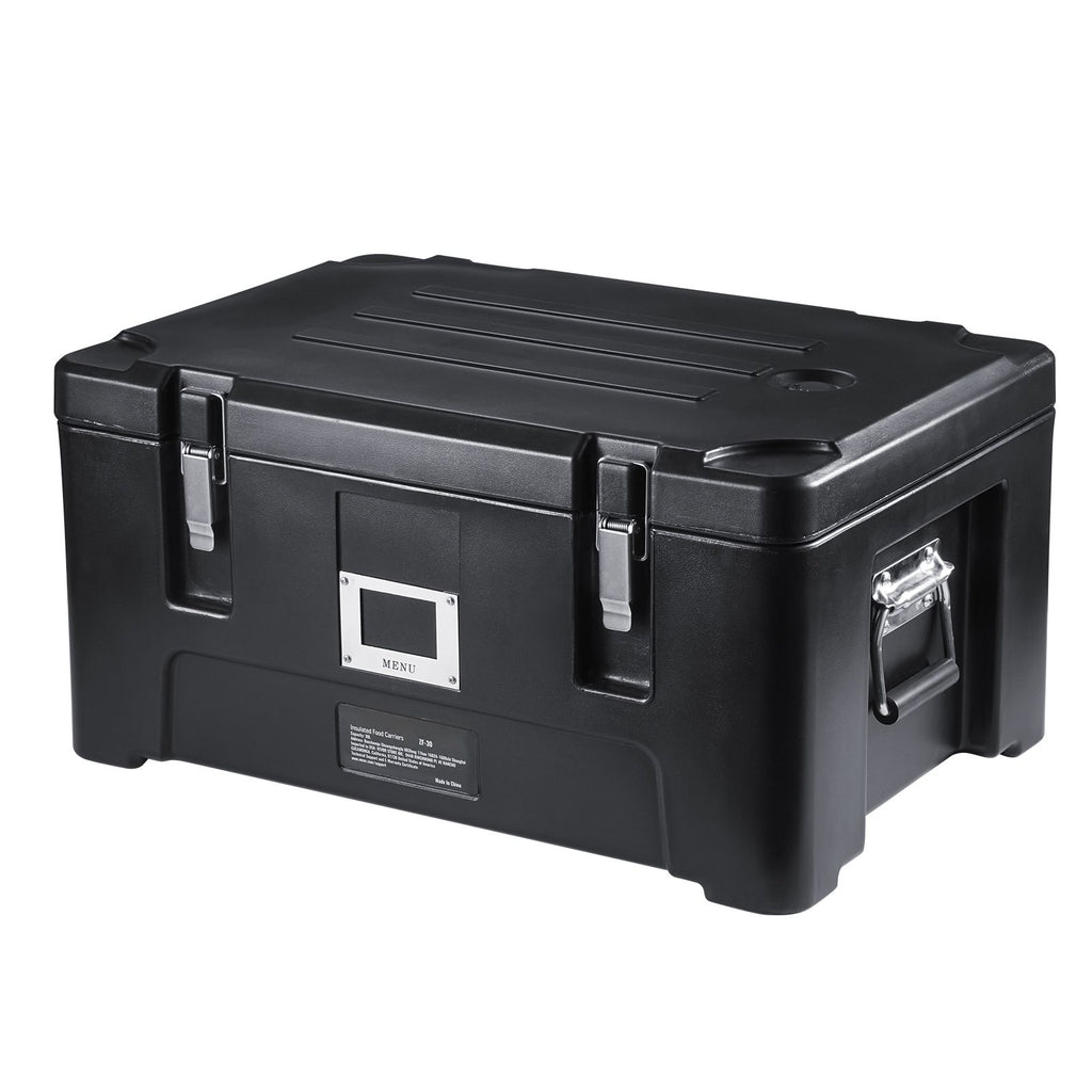 Insulated Food Pan Carrier, 36Qt Capacity, Stackable Catering Hot Box with 3 Stainless Steel Pans, Top Load LLDPE Food Warmer with Elastic Side Handles and Buckles, for Restaurant Canteen, Black
