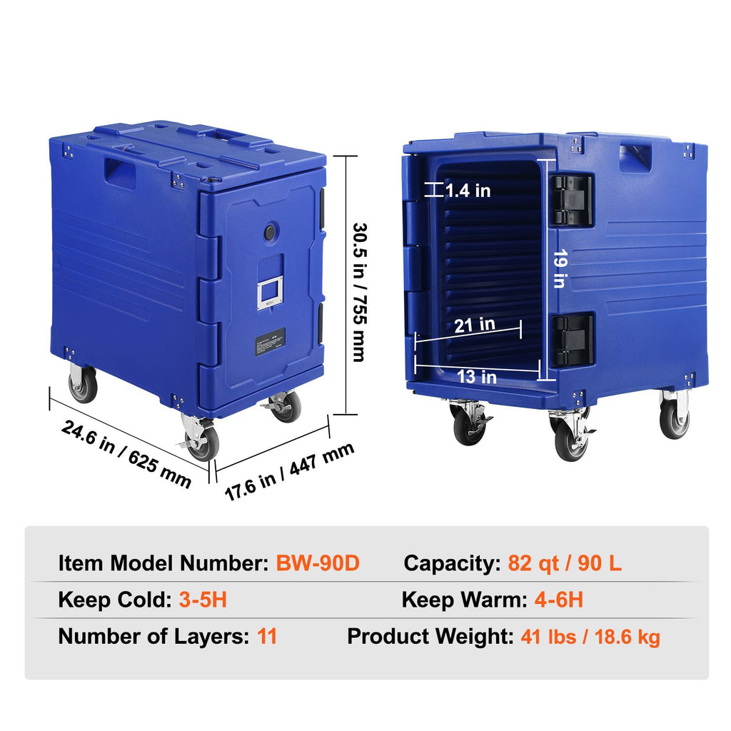Insulated Food Pan Carrier, 82 Qt Hot Box for Catering, LLDPE Food Box Carrier w/One-Piece Buckle, Front Loading Food Warmer w/Handles, End Loader w/Wheels for Restaurant, Canteen, etc. Blue