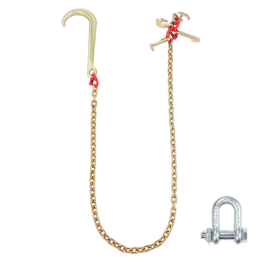 J Hook Chain, 5/16" x 6' G80 15" Long Shank J Hook Tow Chain with RTJ Cluster Hook & Grab Hook, 5400 lbs Safe Working Load, Heavy Duty Transport Truck Chain for Wrecker Recovery Trailer Towing