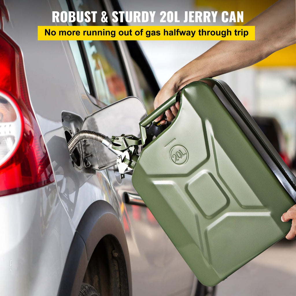 Jerry Fuel Can, 5.3 Gallon / 20 L Portable Jerry Gas Can with Flexible Spout System, Rustproof & Heat-resistant Steel Fuel Tank for Cars Trucks Equipment, 2PCS Green