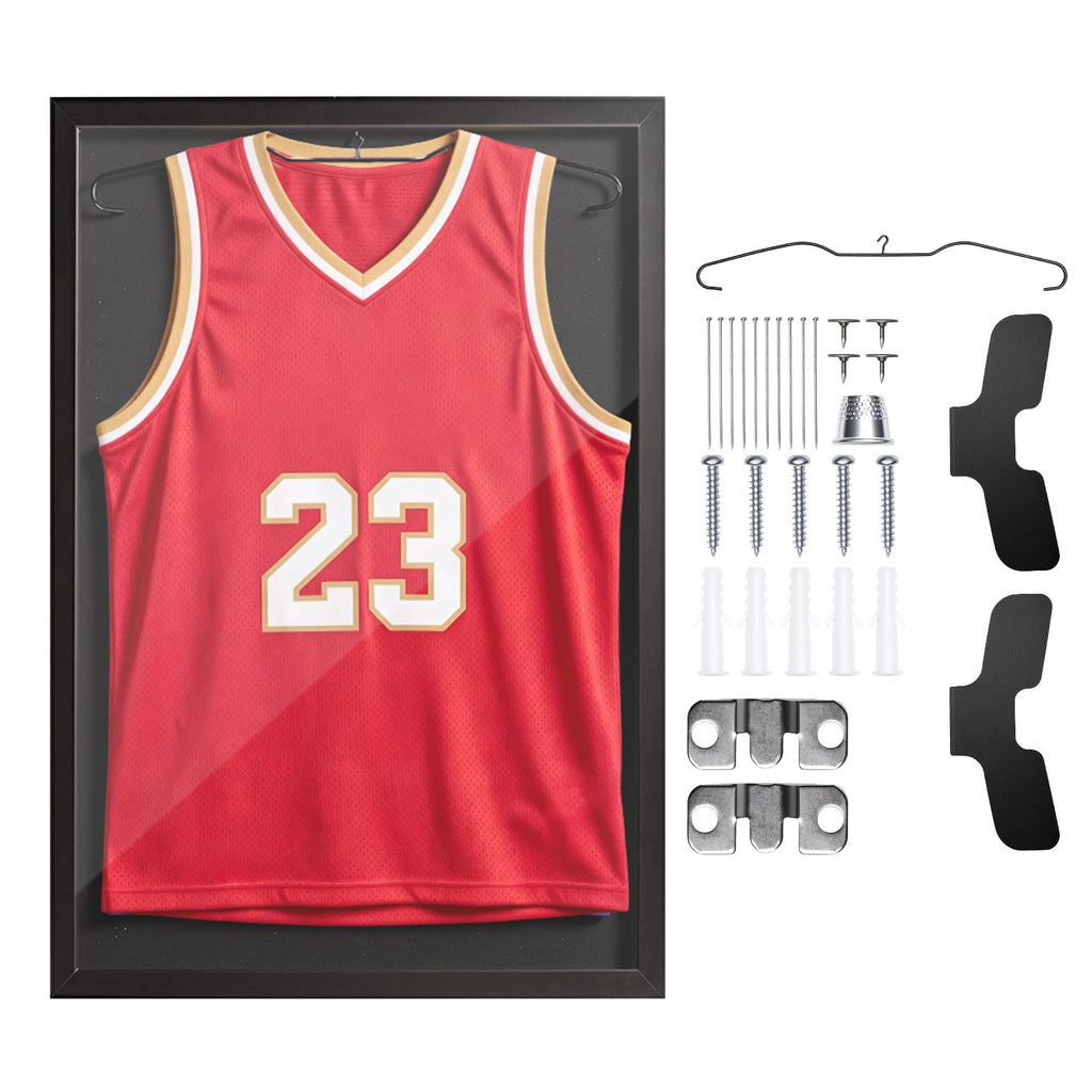 Jersey Frame Display Case, 31.5 x 23.6 x 1 in, Wooden Sport Jersey Shadow Box with 98% UV Protection PC Panel and Hanger, for Baseball Basketball Football Hockey Shirt Sport and Uniform, Black