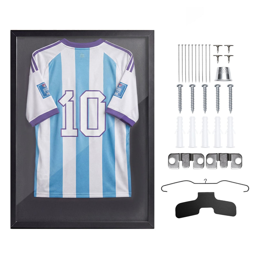 Jersey Frame Display Case, 35.4 x 27.6 x 1.2 in, Wooden Sport Jersey Shadow Box with 98% UV Protection PC Panel and Hanger, for Baseball Basketball Football Hockey Shirt Sport Uniform, Black