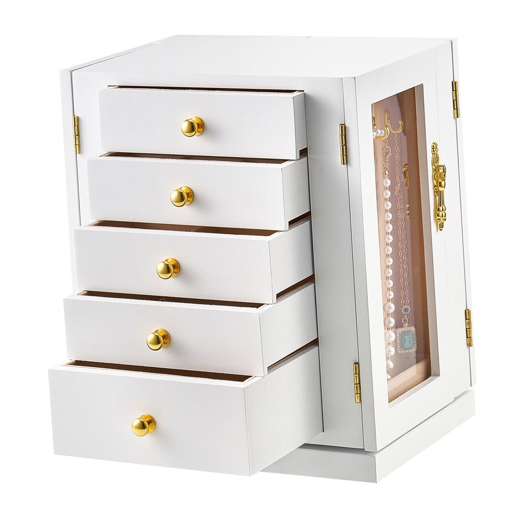 Jewelry Box, 360° Rotating Jewelry Organizer with 5 Drawers, Acrylic Window, 4 Necklace Hooks on Each Side, Spacious Storage Case with Metal Handles, Bottom Pad and Soft Velvet Lining, White