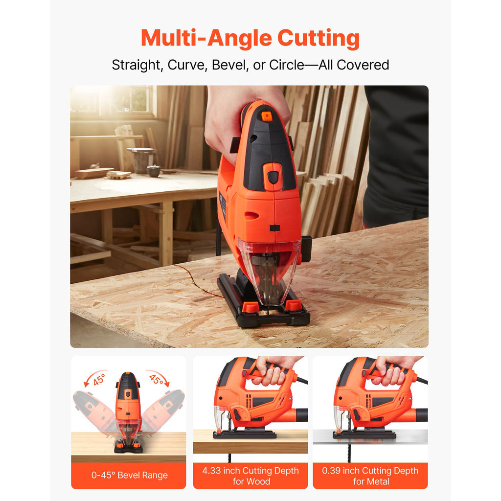 Jig Saw, 6.5 Amp, 3000 SPM Blade Speed, Electric Jigsaw with 6 pcs Blades, LED Light, 6 Variable Speed, 0- 45° Bevel Cuts, 4 Orbital Settings for Straight/Circle Cutting, for Wood and Metal