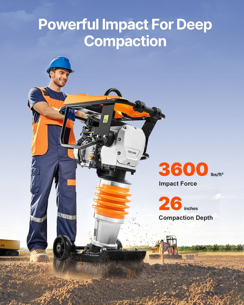 Jumping Jack Compactor, 6.5 HP Vibratory Rammer Fuel-Powered 196 cc Engine Tamper, 3600 lbs Impact Force, 26" Max Compaction Depth, Four-Spring, for Soil, Gravel, Concrete Slabs, Foundations image 2