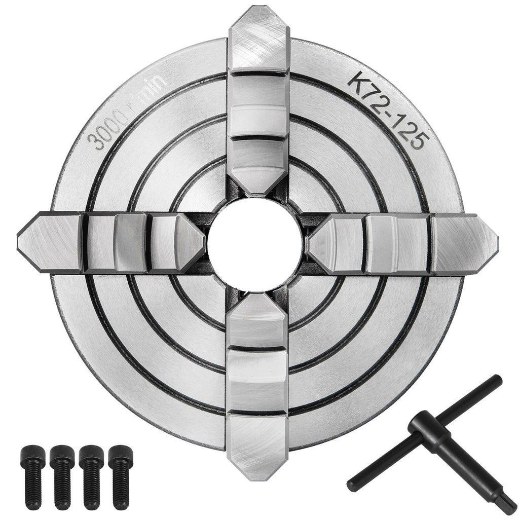 K72-125 Lathe Chuck, 5 Inch, 4-Jaw, Independent Metal Lathe Chuck with Reversible Jaw, Cast Iron Body, 0.276 -2.244 in Internal 1.89 -4.92 in External Jaw Clamping Range, for Lathes Machine