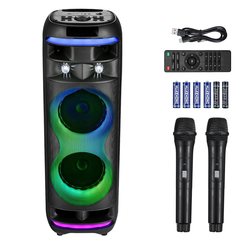 Karaoke Machine for Adults, 80W, 8-inch Portable Bluetooth Speaker with 2 Wireless Microphones, LED Light, TWS Function, Rolling Wheels, Supports Micro TF Card, USB, AUX, for Home Karaoke Party
