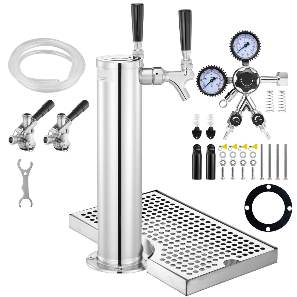 Kegerator Tower Kit, Dual Taps Beer Conversion Kit, Stainless Steel Keg Beer Tower Dispenser with Dual Gauge CGA320 Regulator & D-System Keg Coupler, Beer Drip Tray for Party Home