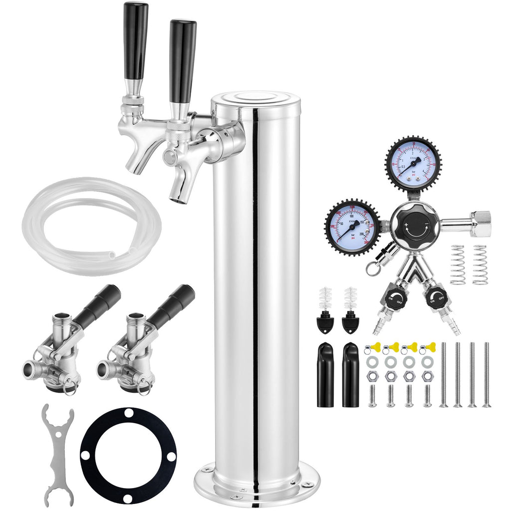 Kegerator Tower Kit, Dual Taps Beer Conversion Kit, Stainless Steel Keg Beer Tower Dispenser with Dual Gauge CGA320 Regulator & D-System Keg Coupler, Self-Closing Spring for Party Bar Home